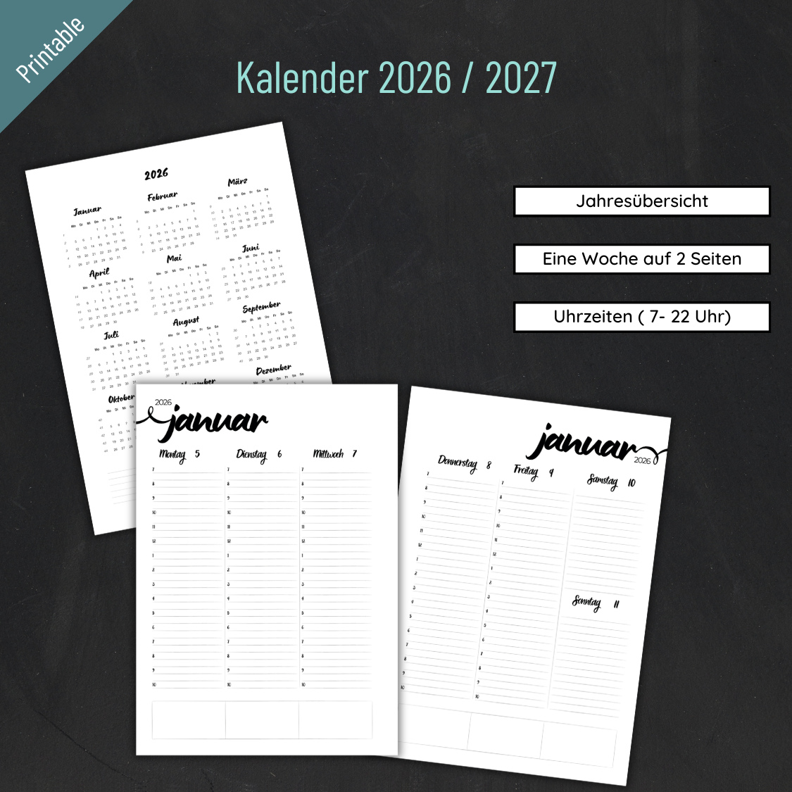 Printable „Never give up!“ Kalender 2026 / 2027: Minimalistischer Wochenkalender