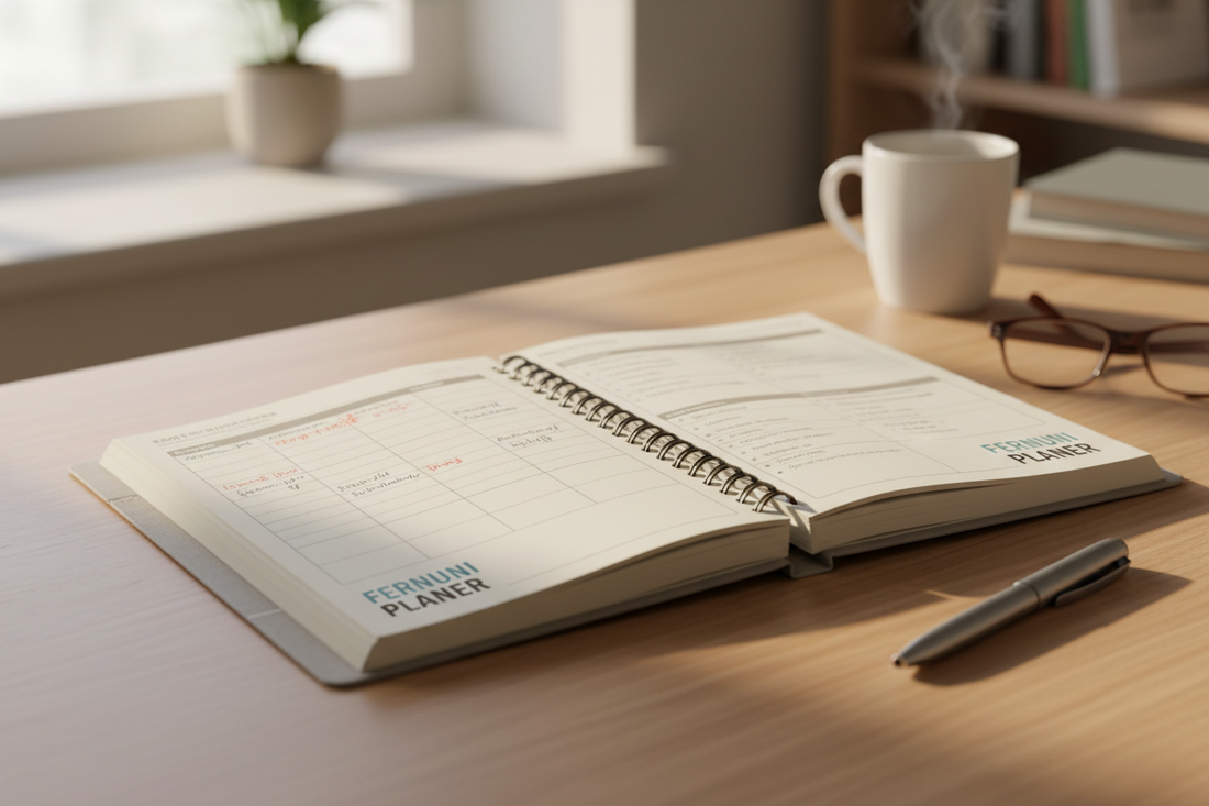 Aufgeschlagenes Notizbuch, Kaffee und Pflanze auf Schreibtisch, Setup für die Modulplanung im Fernstudium