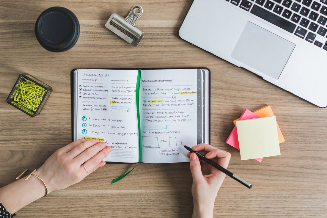Frau macht handschriftliche Notizen in einem Notizbuch am Schreibtisch mit Kaffee, analoger Wochenplan