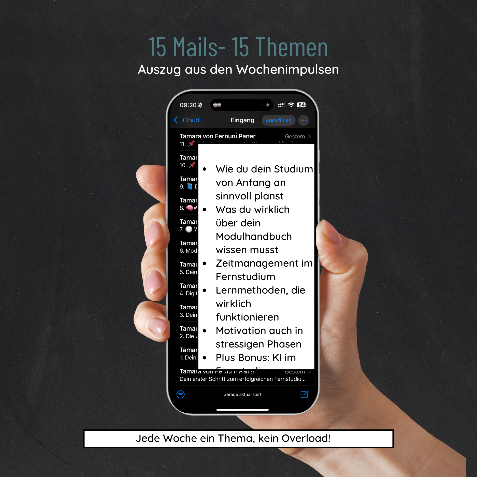 Wochenimpulse, 15 Themen plus Bonus-Lektion KI im Fernstudium