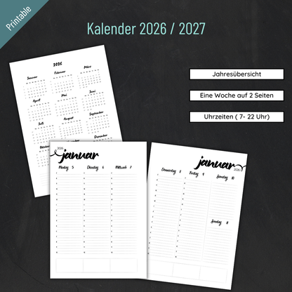 Printable „Never give up!“ Kalender 2026 / 2027: Minimalistischer Wochenkalender