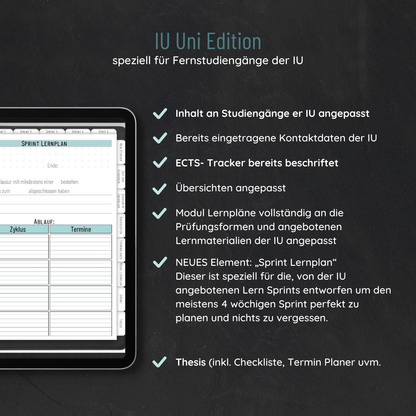 Ein Tablet zeigt den Fernuni Planer IU Edition Bachelor - Digital von Fernuni Planer, mit Funktionen wie ECTS-Tracking, Lernmodulen und einer Checkliste für die Abschlussarbeit - vollständig kompatibel mit GoodNotes und ideal für die Organisation Ihres Fernstudiums.