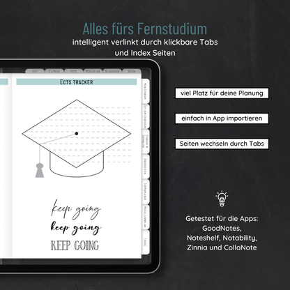 Auf einem Tablet wird der Fernuni Planer Classic Bachelor - Digital von Fernuni Planer mit einer Abschlusskappe und "weiter so" angezeigt. Deutsche Textnotizen, Fernstudium-Kompatibilität mit Notiz-Apps und einfache Tab-Navigation.