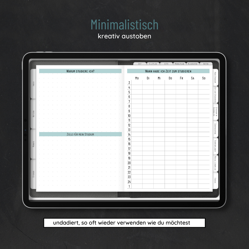 Ein digitales Tablet zeigt den Fernuni Planer Classic Bachelor - Digital von Fernuni Planer, mit deutschem Text, Abschnitten für Studienanlässe und -ziele sowie einem Wochenplan. Der Hintergrund ist dunkelgrau.