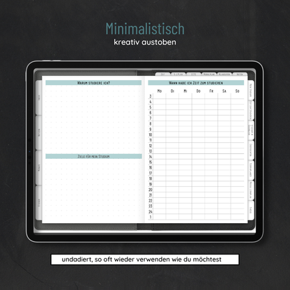 Ein digitales Tablet zeigt den Fernuni Planer Classic Bachelor - Digital von Fernuni Planer, mit deutschem Text, Abschnitten für Studienanlässe und -ziele sowie einem Wochenplan. Der Hintergrund ist dunkelgrau.