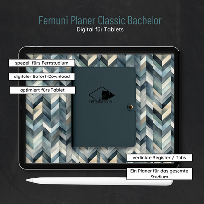 Der Fernuni Planer Classic Bachelor - Digital von Fernuni Planer ist auf einem Tablet mit Chevron-Hintergrund abgebildet und bietet Fernstudium nach Maß, sofortigen digitalen Download, Tablet-Optimierung, verknüpfte Registerkarten und Einzelstudium.