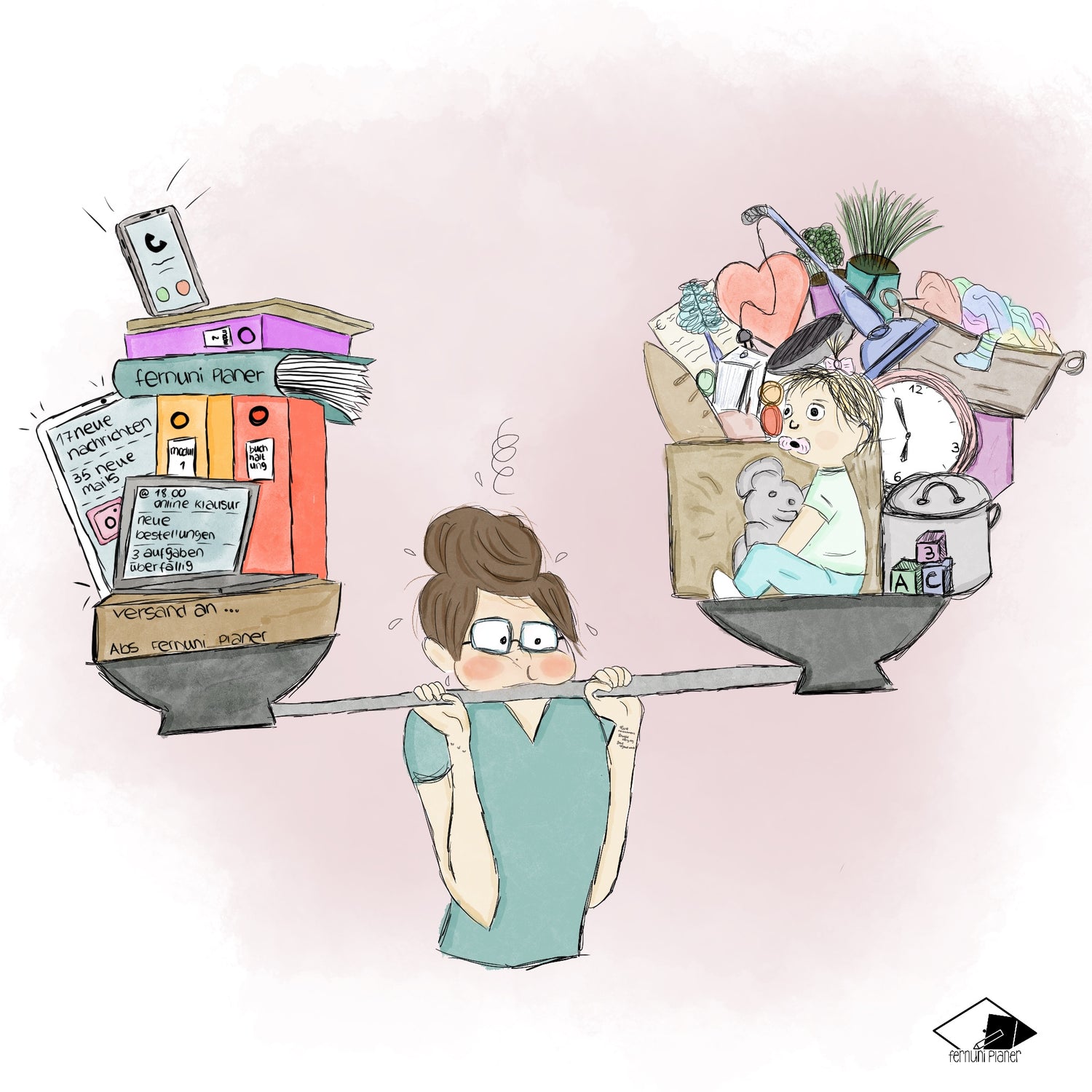 Tamara versucht die eigene Firma, Fernstudium und das Privatleben mit Kind irgendwie zu stämmen. Eine Zeichnung die dies widerspiegelt.