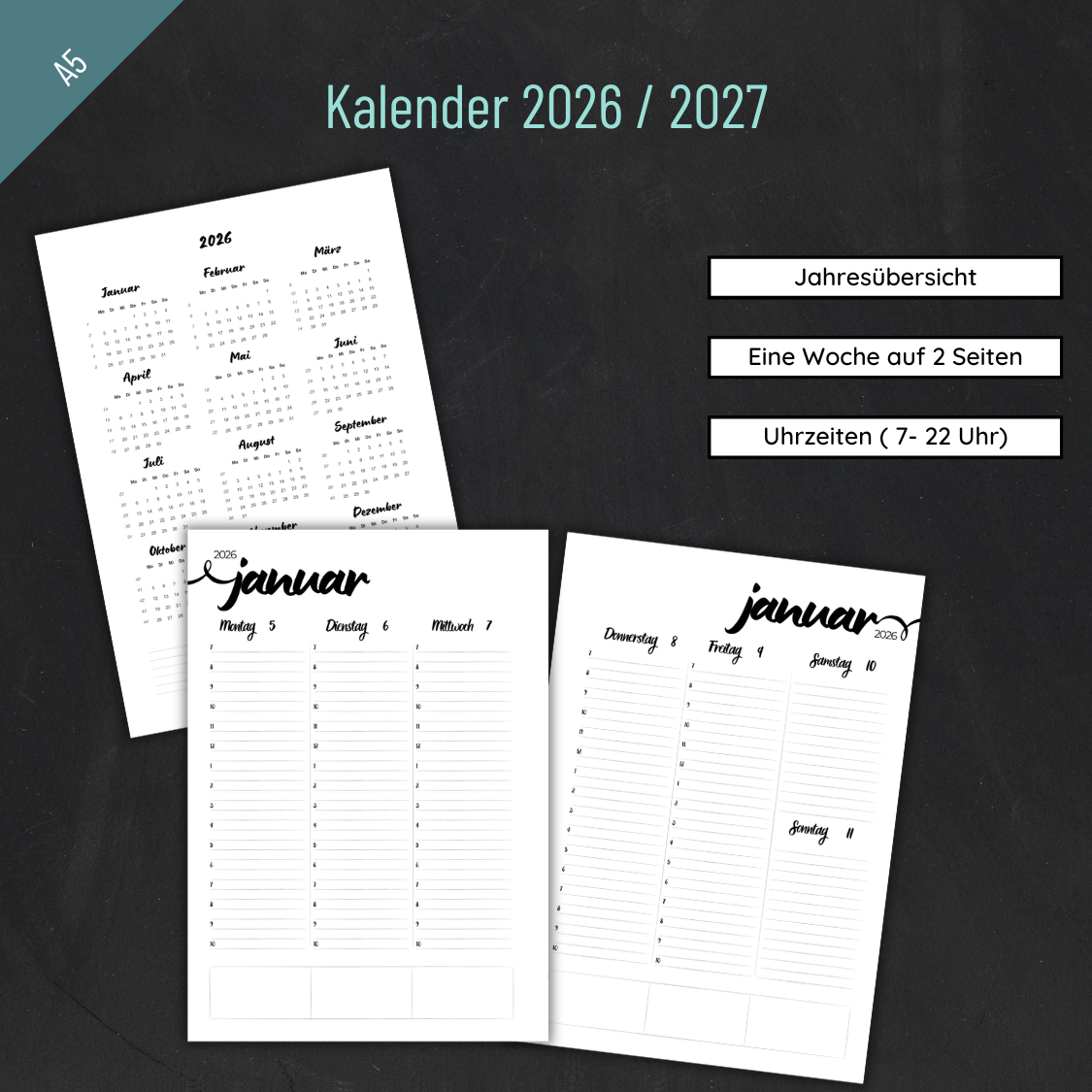 Never give up“ Kalender 2026/2027: Minimalistischer Jahreskalender im A5-Format