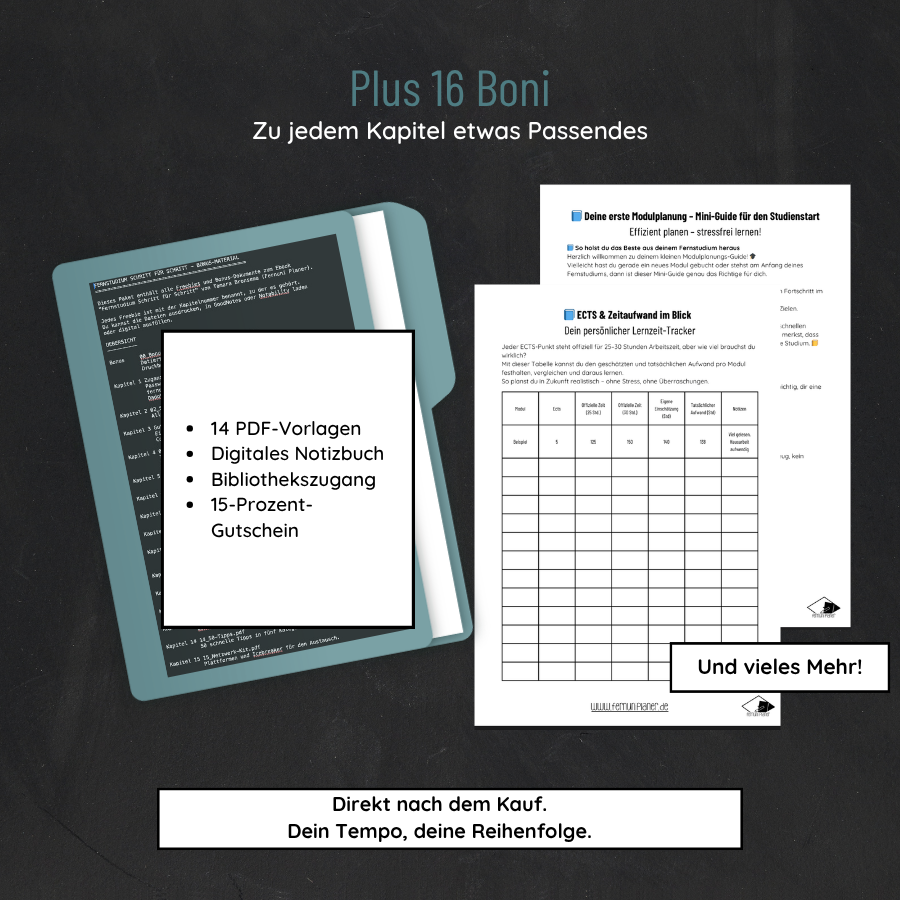 Bonus-Paket zum E-Book: 14 PDF-Vorlagen, Digitales Notizbuch, Bibliothekszugang und 15-Prozent-Gutschein