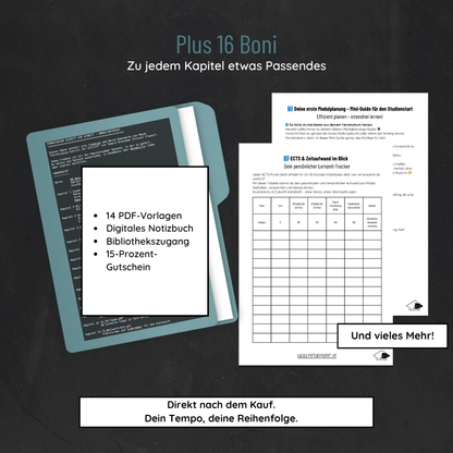 Bonus-Paket zum E-Book: 14 PDF-Vorlagen, Digitales Notizbuch, Bibliothekszugang und 15-Prozent-Gutschein
