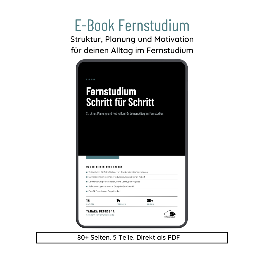 E-Book Fernstudium Schritt für Schritt, Cover mit 80+ Seiten, 5 Teilen und direktem PDF-Download