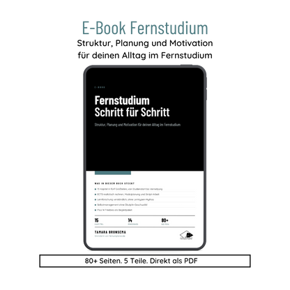 E-Book Fernstudium Schritt für Schritt, Cover mit 80+ Seiten, 5 Teilen und direktem PDF-Download