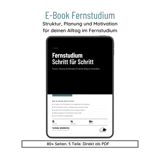 E-Book Fernstudium Schritt für Schritt, Cover mit 80+ Seiten, 5 Teilen und direktem PDF-Download